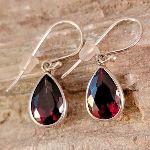 Sterling Silver Bali Style CZ Garnet Pear Drop Earrings - Picture 1 of 6